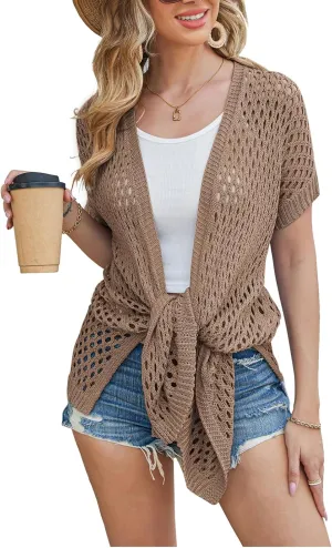 GRACE KARIN Mesh Cardigan Sweaters for Women Crochet Short Sleeve Open-Front Long Cardigan Cover ups Knitted Sheer Tops