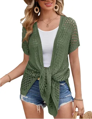GRACE KARIN Mesh Cardigan Sweaters for Women Crochet Short Sleeve Open-Front Long Cardigan Cover ups Knitted Sheer Tops