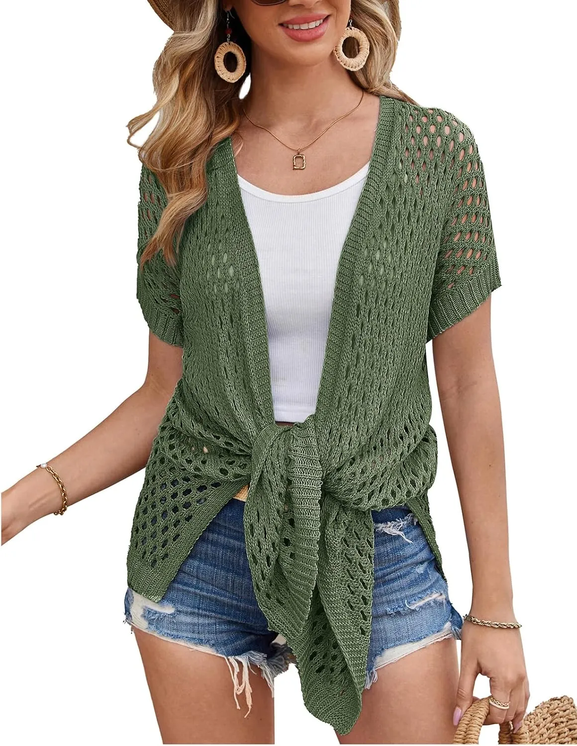 GRACE KARIN Mesh Cardigan Sweaters for Women Crochet Short Sleeve Open-Front Long Cardigan Cover ups Knitted Sheer Tops