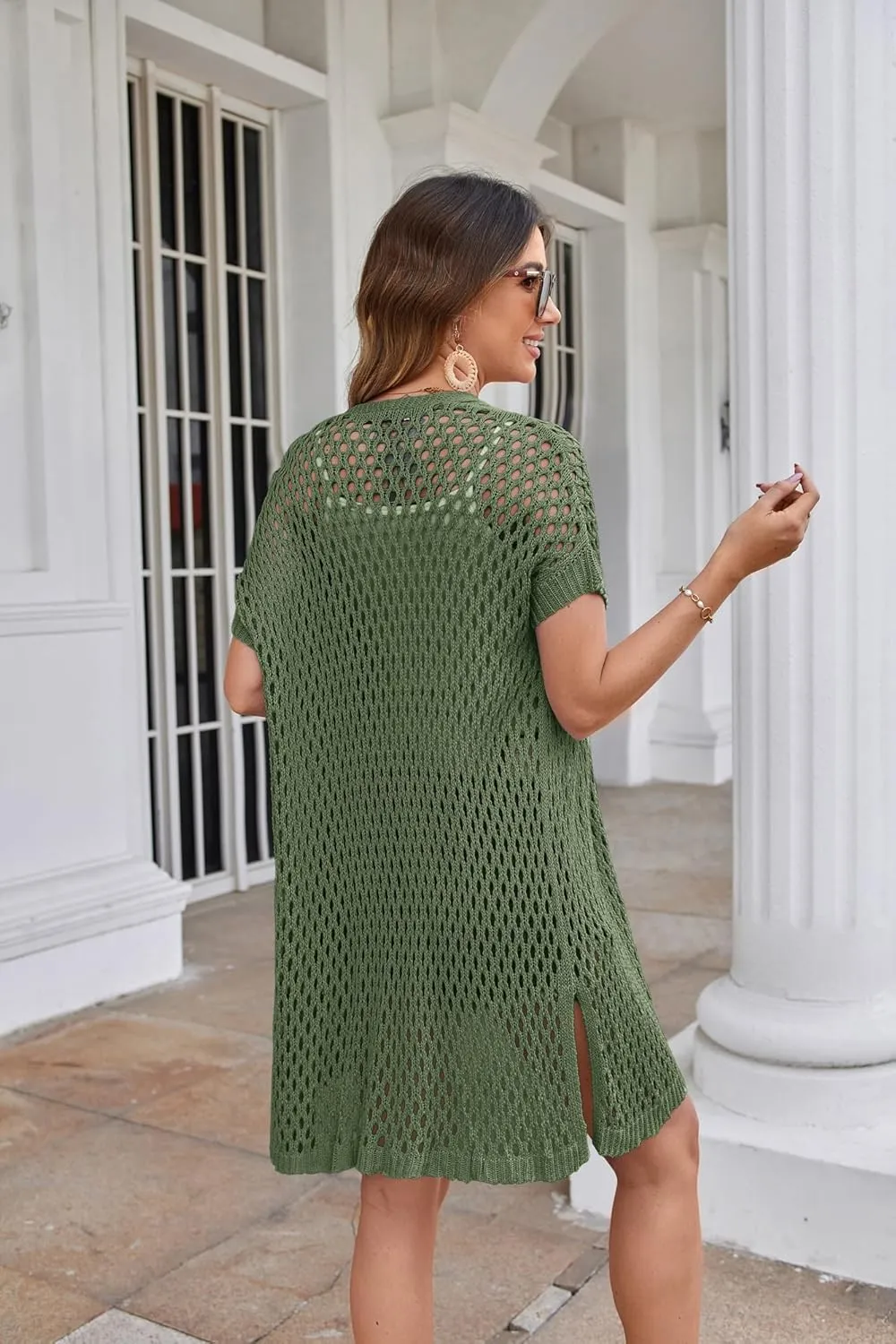 GRACE KARIN Mesh Cardigan Sweaters for Women Crochet Short Sleeve Open-Front Long Cardigan Cover ups Knitted Sheer Tops
