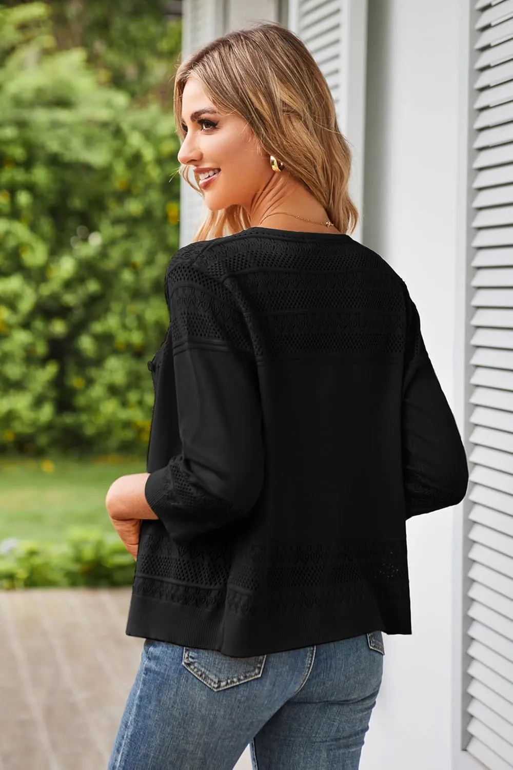 GRACE KARIN Women's 2025 Cropped Cardigan 3/4 Sleeve Lightweight Crochet Shrug Hollowed-Out Knit Sweater Tops