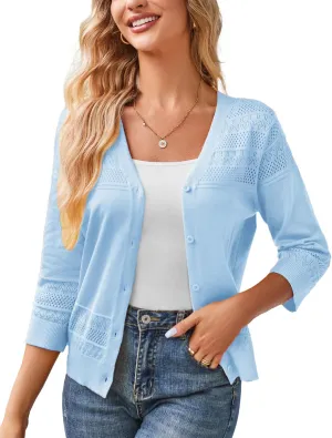 GRACE KARIN Women's 2025 Cropped Cardigan 3/4 Sleeve Lightweight Crochet Shrug Hollowed-Out Knit Sweater Tops