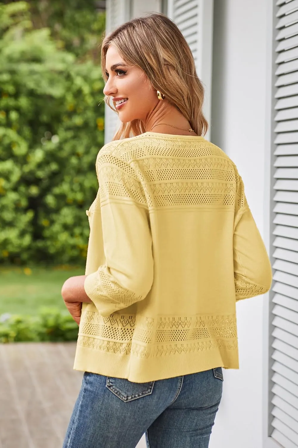 GRACE KARIN Women's 2025 Cropped Cardigan 3/4 Sleeve Lightweight Crochet Shrug Hollowed-Out Knit Sweater Tops