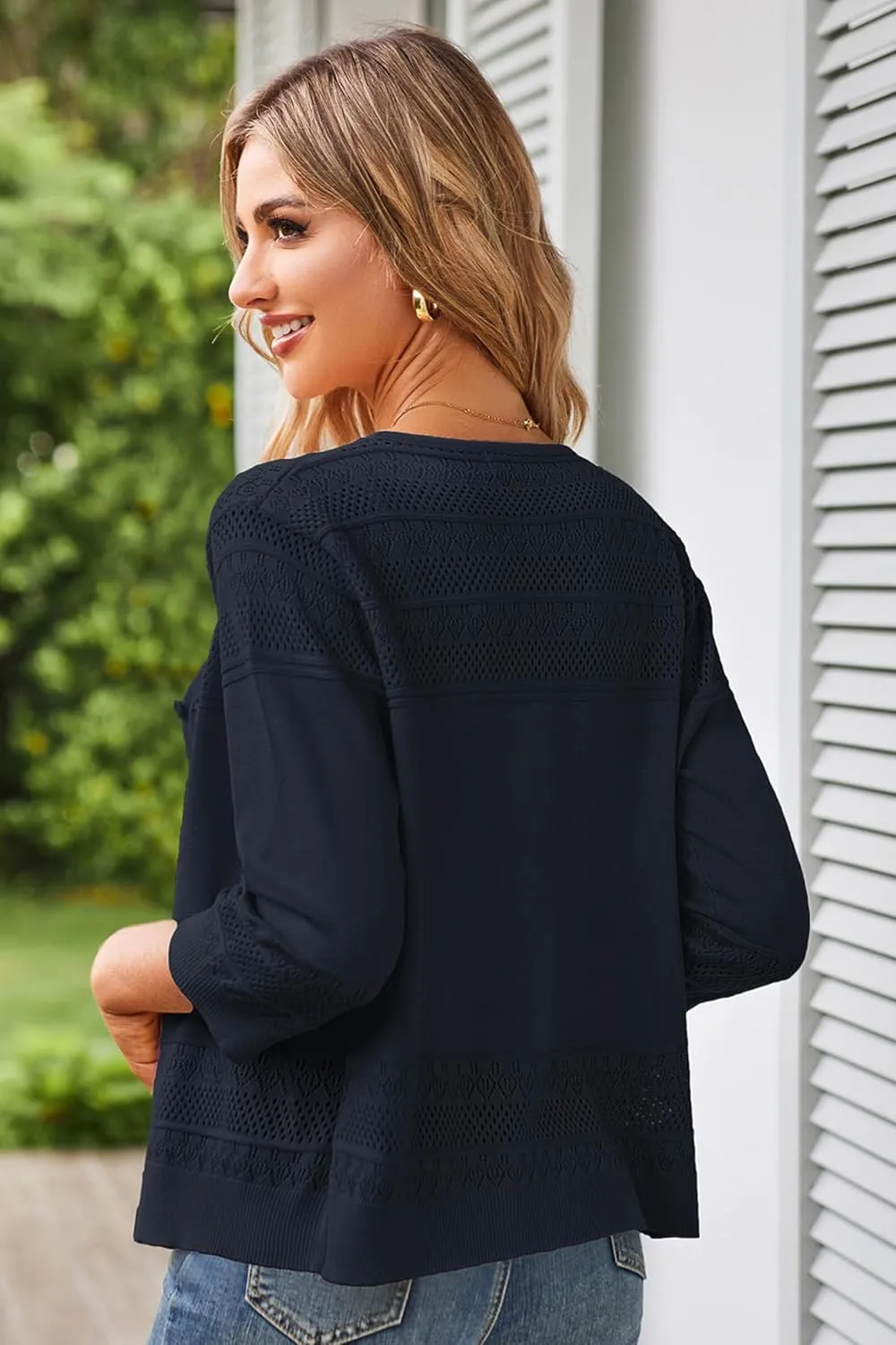 GRACE KARIN Women's 2025 Cropped Cardigan 3/4 Sleeve Lightweight Crochet Shrug Hollowed-Out Knit Sweater Tops
