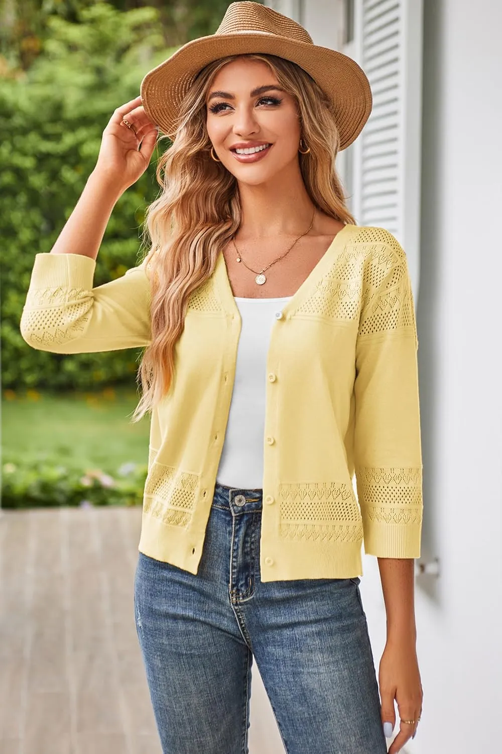 GRACE KARIN Women's 2025 Cropped Cardigan 3/4 Sleeve Lightweight Crochet Shrug Hollowed-Out Knit Sweater Tops