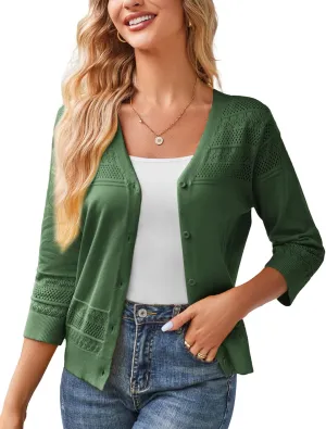 GRACE KARIN Women's 2025 Cropped Cardigan 3/4 Sleeve Lightweight Crochet Shrug Hollowed-Out Knit Sweater Tops