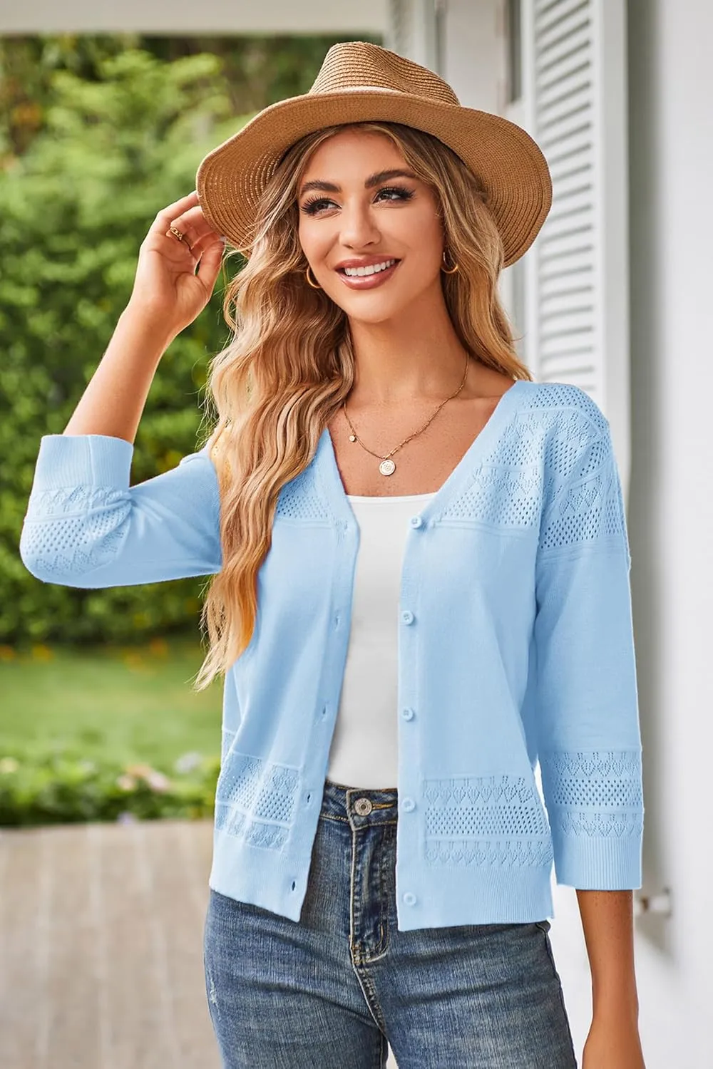 GRACE KARIN Women's 2025 Cropped Cardigan 3/4 Sleeve Lightweight Crochet Shrug Hollowed-Out Knit Sweater Tops