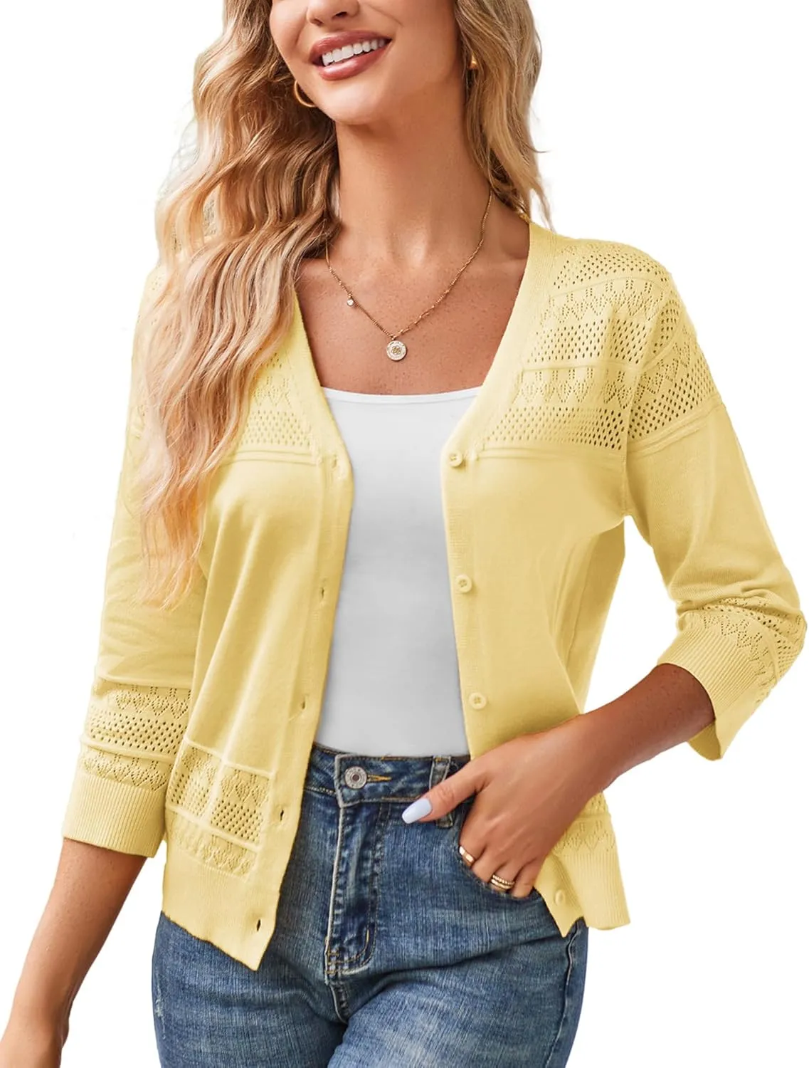 GRACE KARIN Women's 2025 Cropped Cardigan 3/4 Sleeve Lightweight Crochet Shrug Hollowed-Out Knit Sweater Tops