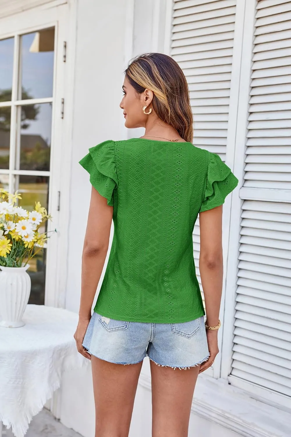 GRACE KARIN Women's 2025 T Shirts Casual Ruffle Short Sleeve Tops Cute Eyelet Summer Spring Shirts