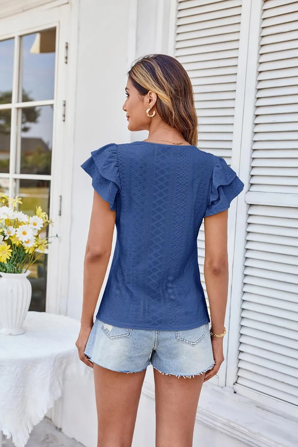GRACE KARIN Women's 2025 T Shirts Casual Ruffle Short Sleeve Tops Cute Eyelet Summer Spring Shirts