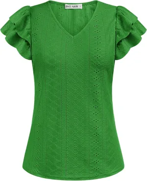 GRACE KARIN Women's 2025 T Shirts Casual Ruffle Short Sleeve Tops Cute Eyelet Summer Spring Shirts