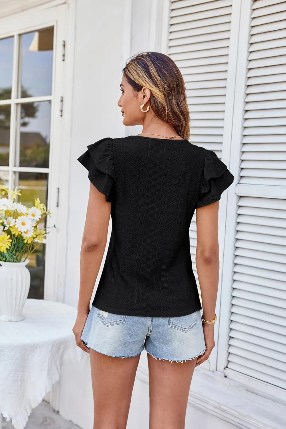 GRACE KARIN Women's 2025 T Shirts Casual Ruffle Short Sleeve Tops Cute Eyelet Summer Spring Shirts