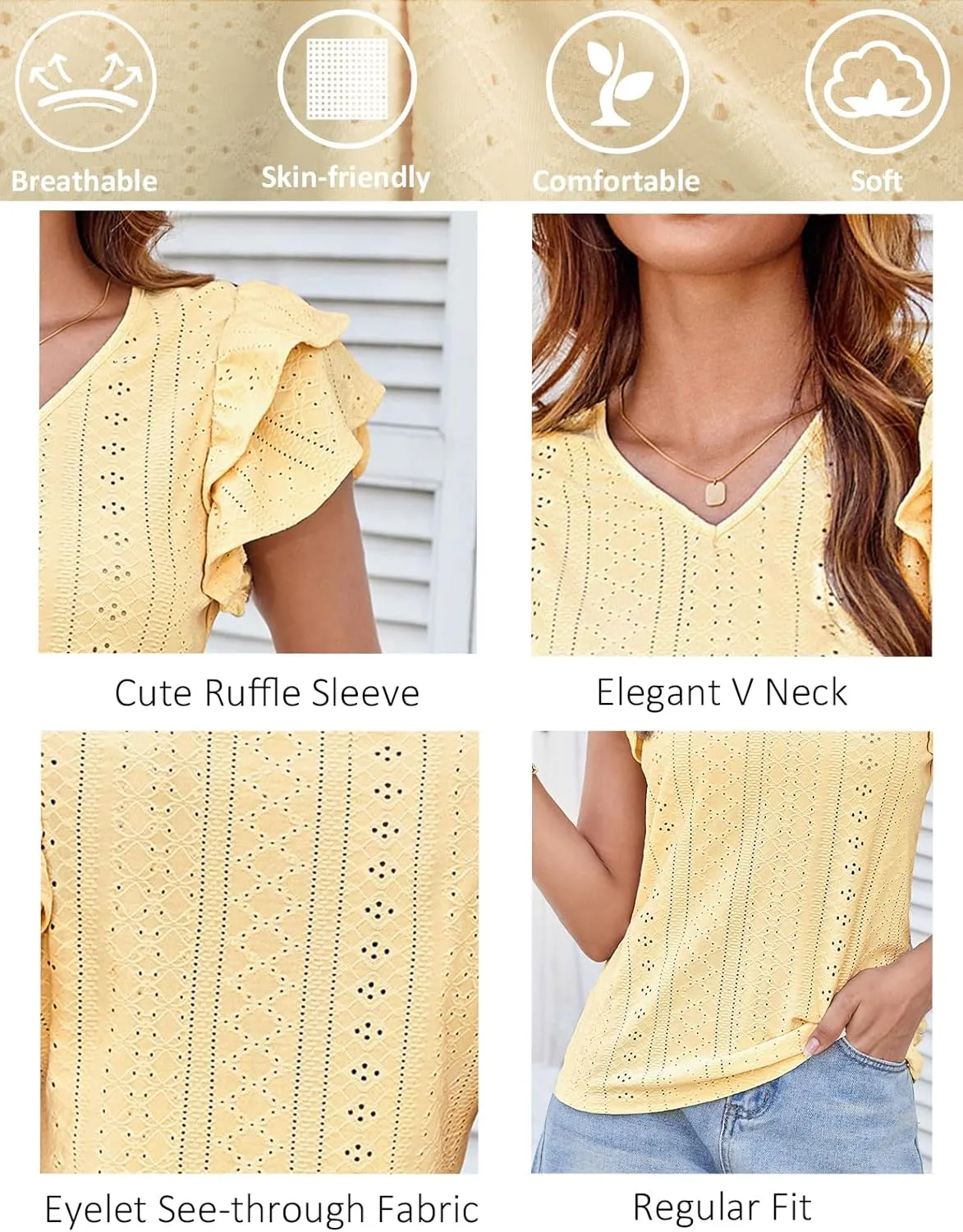 GRACE KARIN Women's 2025 T Shirts Casual Ruffle Short Sleeve Tops Cute Eyelet Summer Spring Shirts