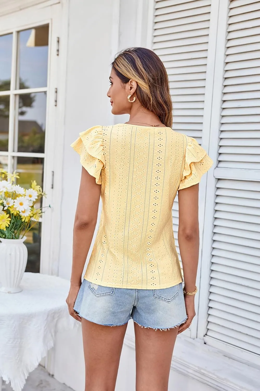 GRACE KARIN Women's 2025 T Shirts Casual Ruffle Short Sleeve Tops Cute Eyelet Summer Spring Shirts