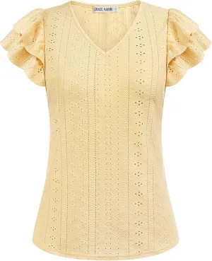 GRACE KARIN Women's 2025 T Shirts Casual Ruffle Short Sleeve Tops Cute Eyelet Summer Spring Shirts
