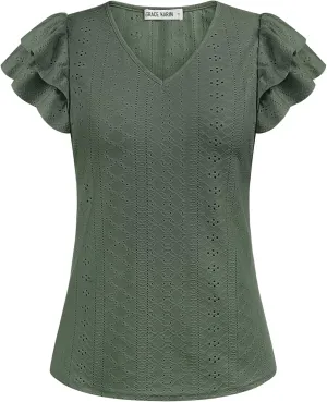 GRACE KARIN Women's 2025 T Shirts Casual Ruffle Short Sleeve Tops Cute Eyelet Summer Spring Shirts