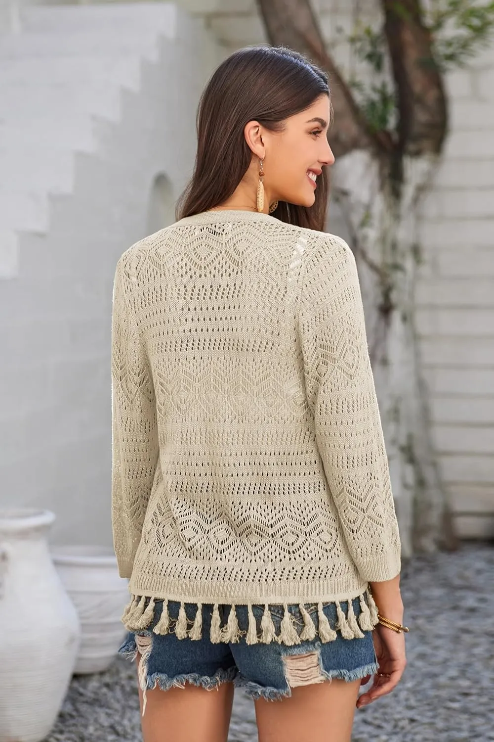 GRACE KARIN Women's 3/4 Sleeve V-Neck Boho Hollowed Out Crochet Knit Shrug Lightweight Cardigan Sweater with Tassels