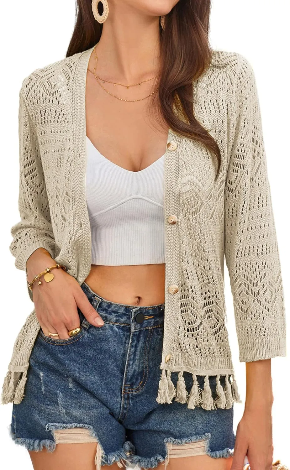 GRACE KARIN Women's 3/4 Sleeve V-Neck Boho Hollowed Out Crochet Knit Shrug Lightweight Cardigan Sweater with Tassels