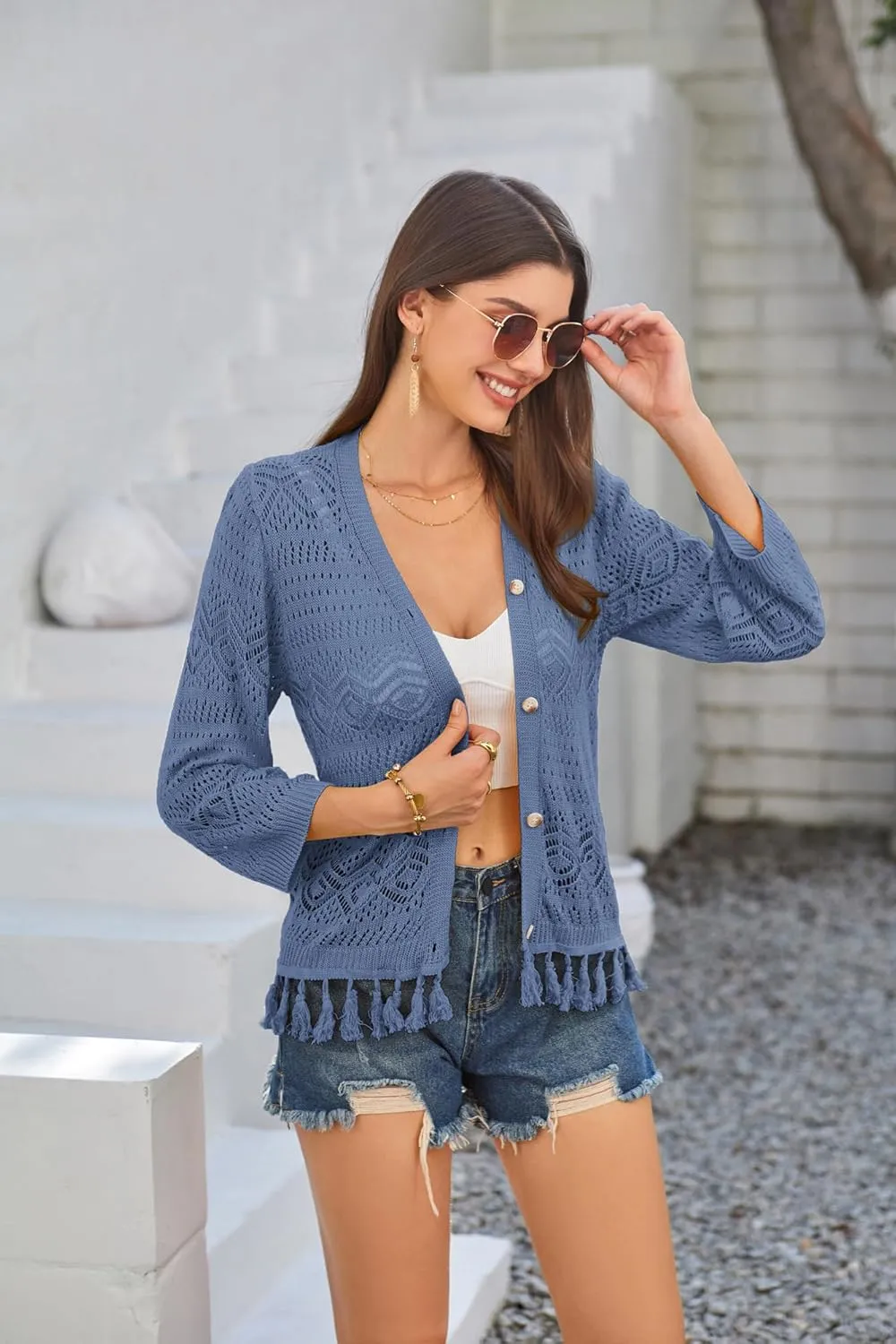 GRACE KARIN Women's 3/4 Sleeve V-Neck Boho Hollowed Out Crochet Knit Shrug Lightweight Cardigan Sweater with Tassels