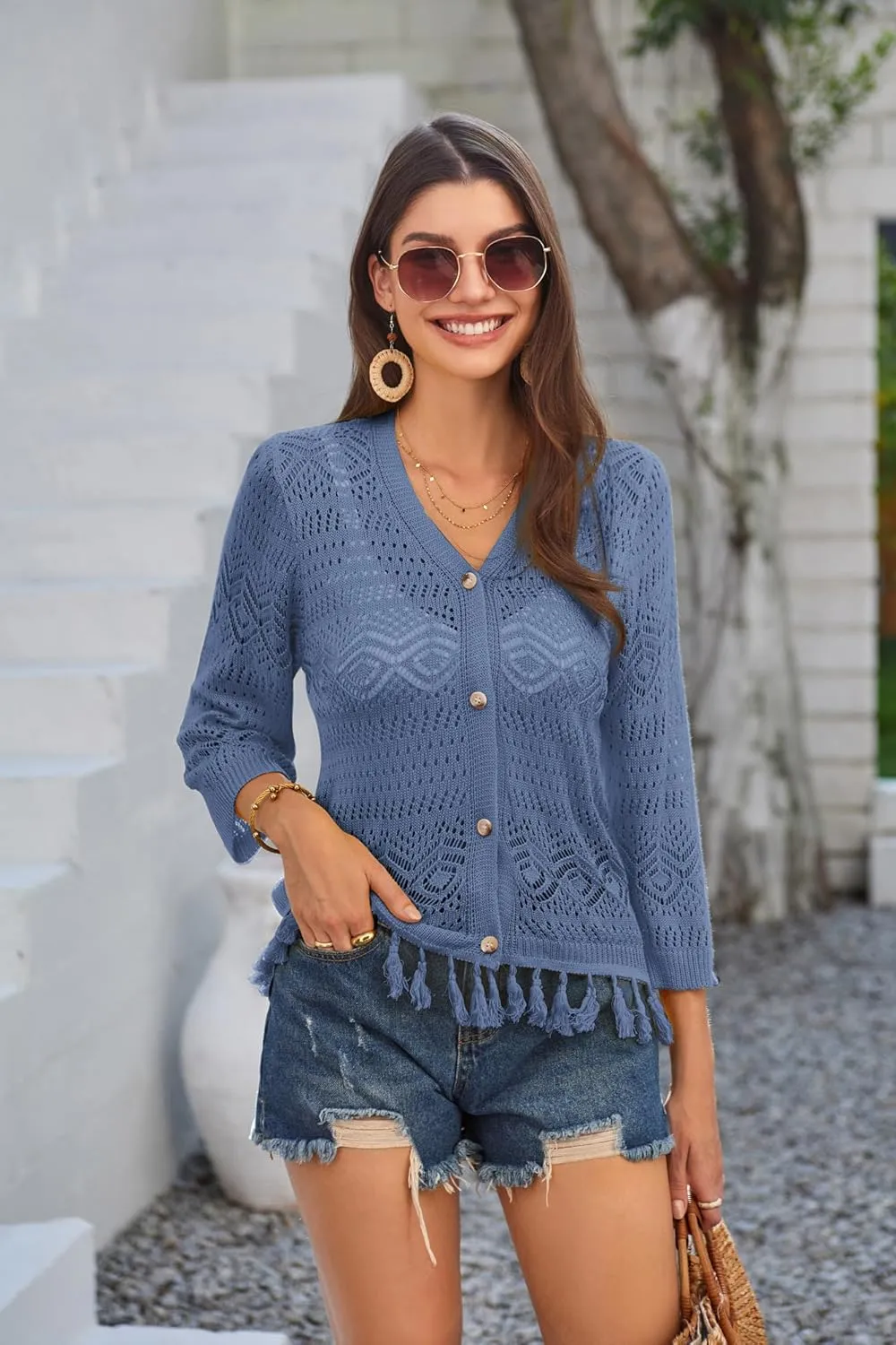 GRACE KARIN Women's 3/4 Sleeve V-Neck Boho Hollowed Out Crochet Knit Shrug Lightweight Cardigan Sweater with Tassels