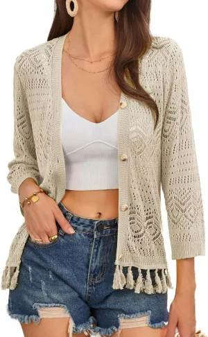 GRACE KARIN Women's 3/4 Sleeve V-Neck Boho Hollowed Out Crochet Knit Shrug Lightweight Cardigan Sweater with Tassels