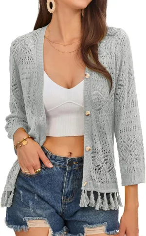 GRACE KARIN Women's 3/4 Sleeve V-Neck Boho Hollowed Out Crochet Knit Shrug Lightweight Cardigan Sweater with Tassels