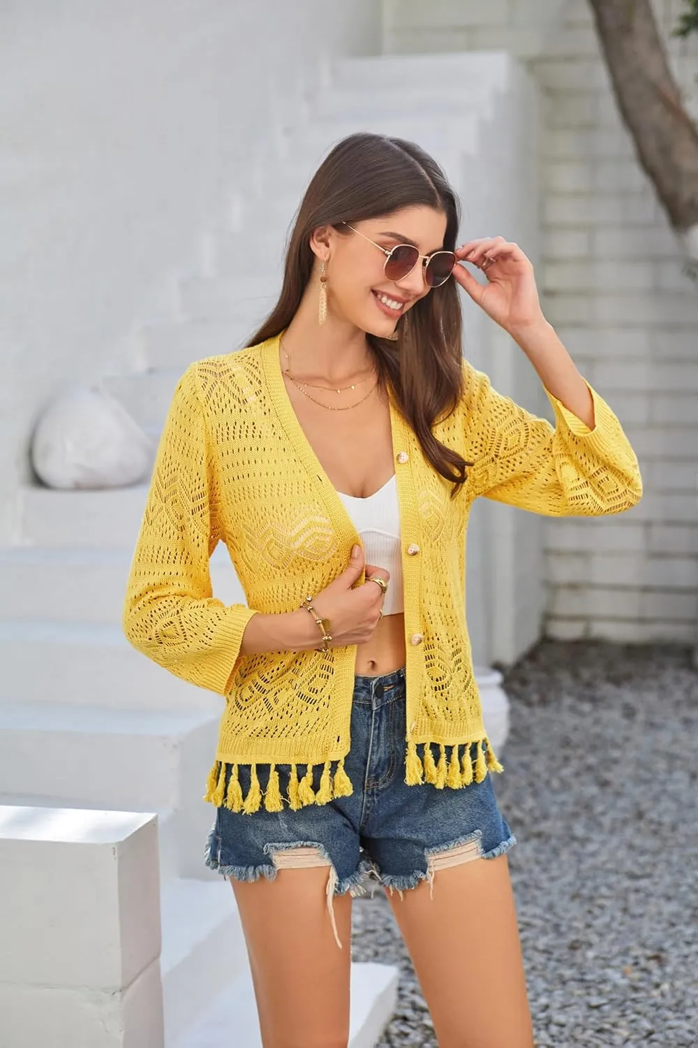 GRACE KARIN Women's 3/4 Sleeve V-Neck Boho Hollowed Out Crochet Knit Shrug Lightweight Cardigan Sweater with Tassels