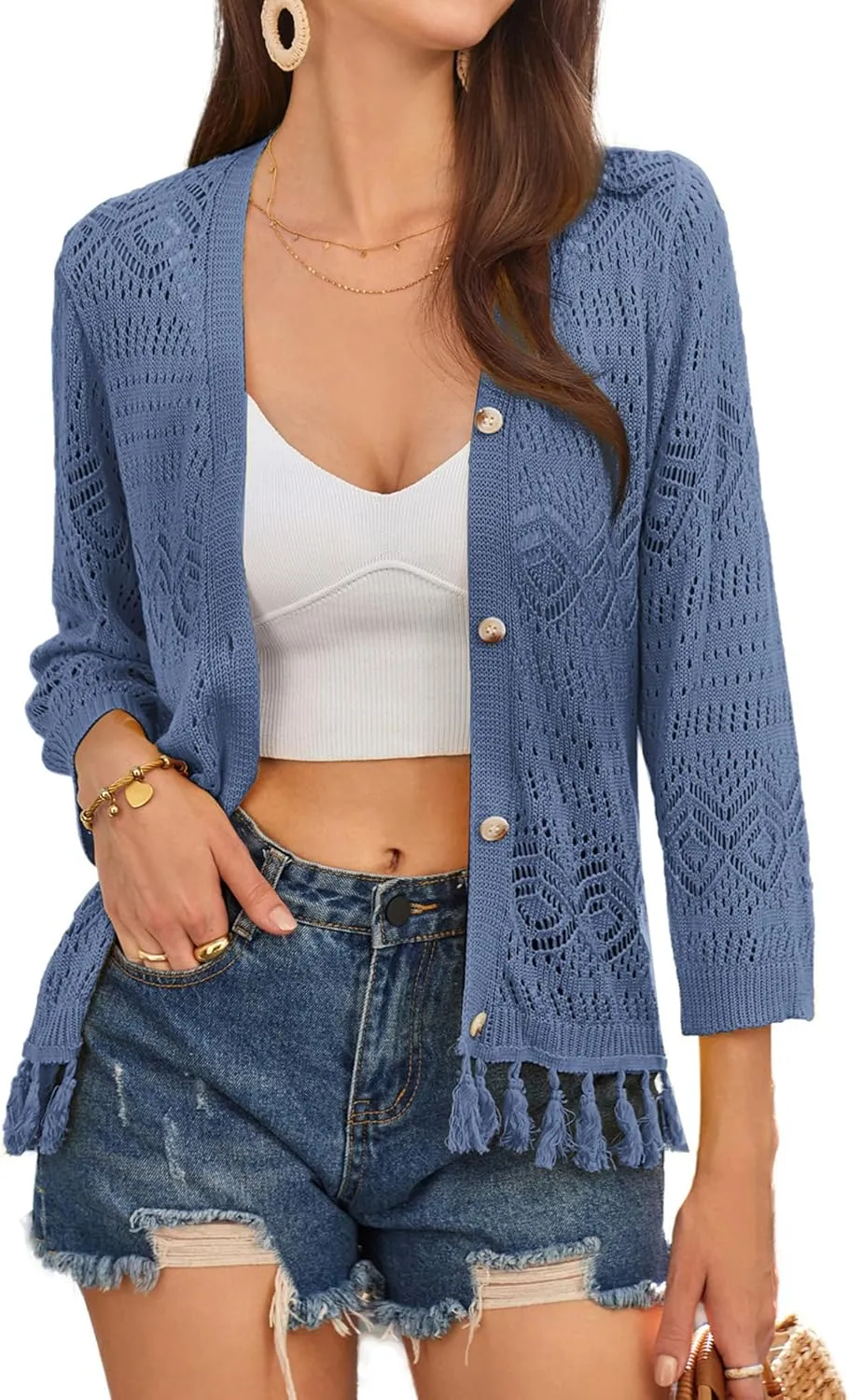 GRACE KARIN Women's 3/4 Sleeve V-Neck Boho Hollowed Out Crochet Knit Shrug Lightweight Cardigan Sweater with Tassels