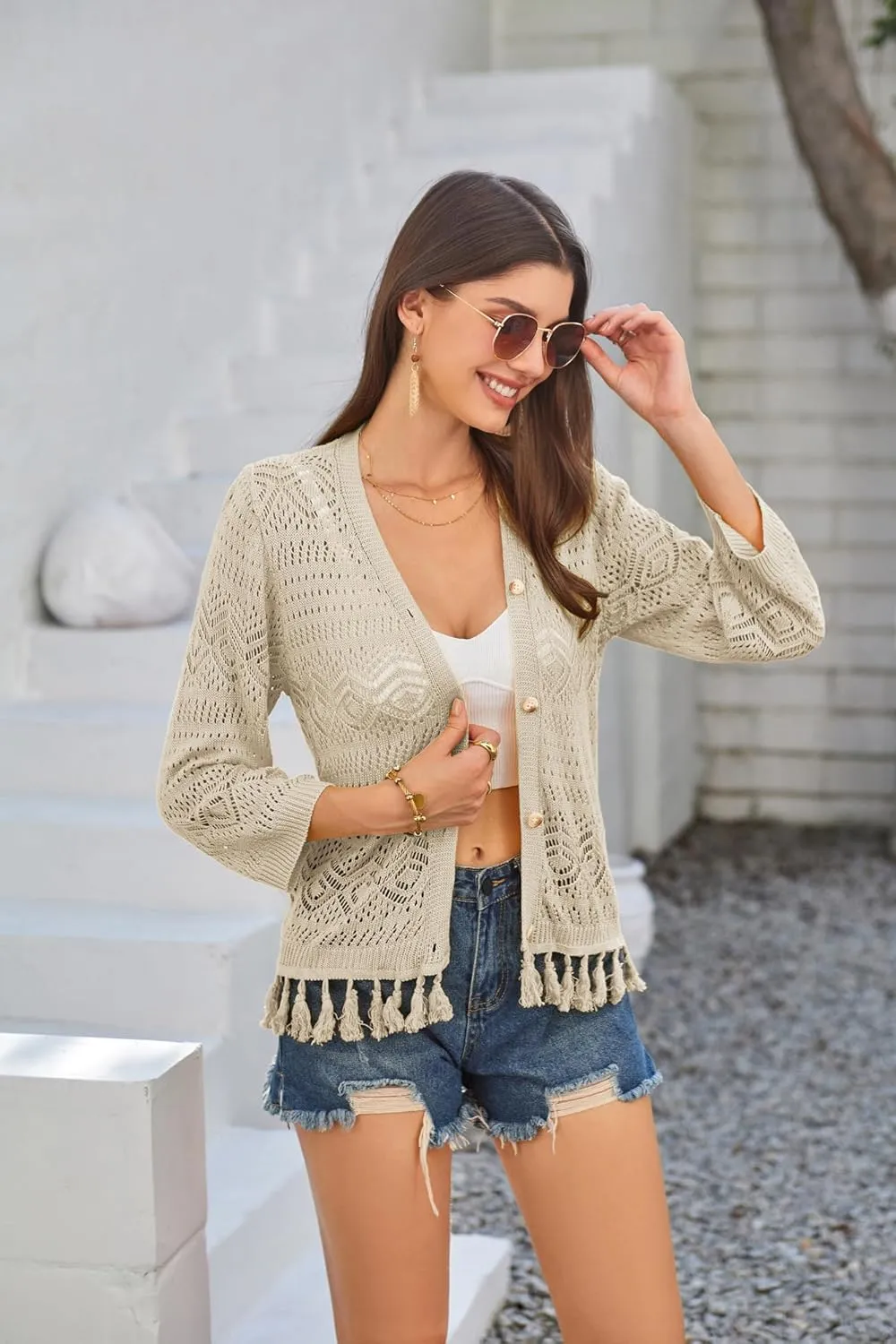 GRACE KARIN Women's 3/4 Sleeve V-Neck Boho Hollowed Out Crochet Knit Shrug Lightweight Cardigan Sweater with Tassels