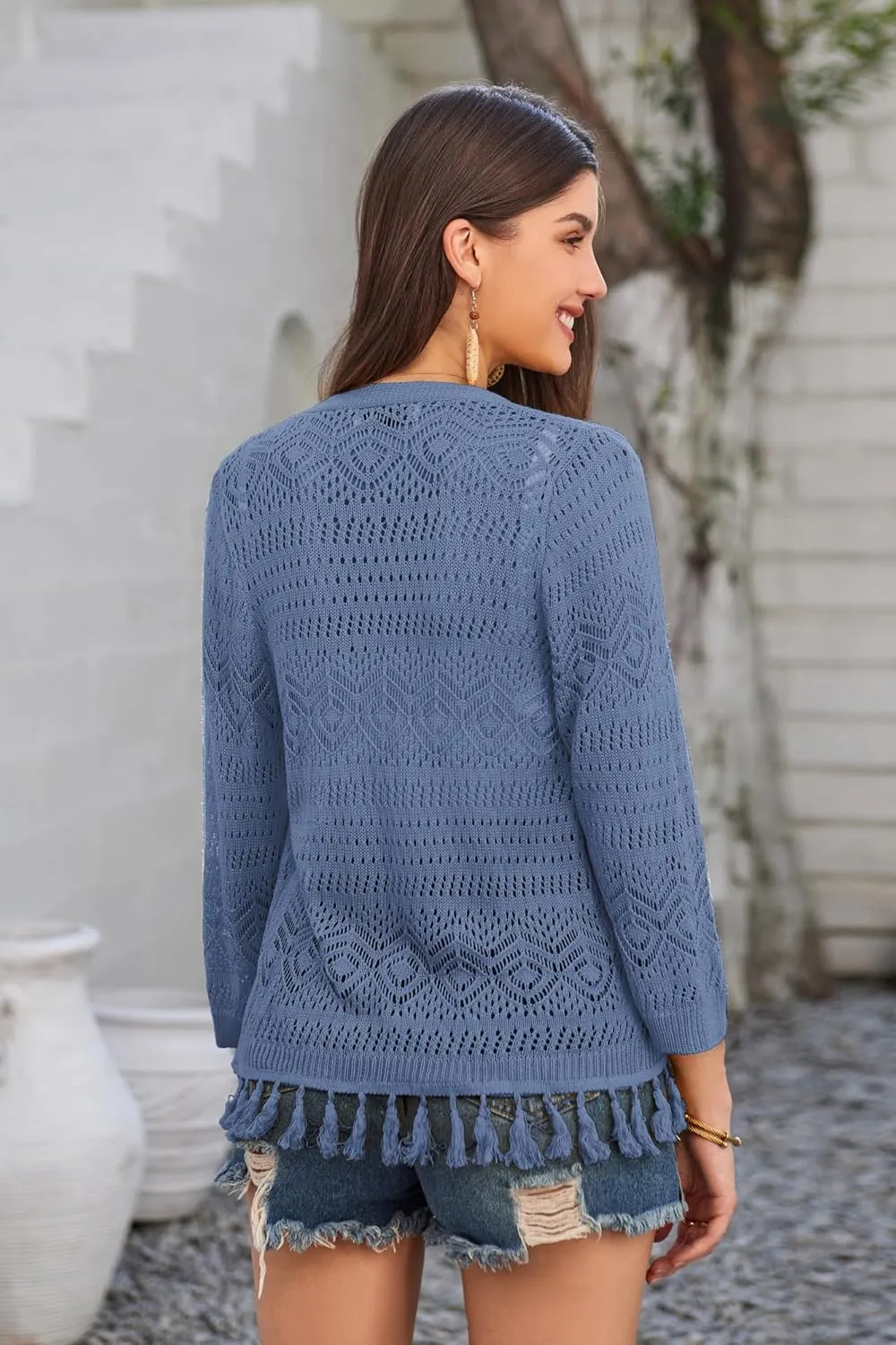 GRACE KARIN Women's 3/4 Sleeve V-Neck Boho Hollowed Out Crochet Knit Shrug Lightweight Cardigan Sweater with Tassels