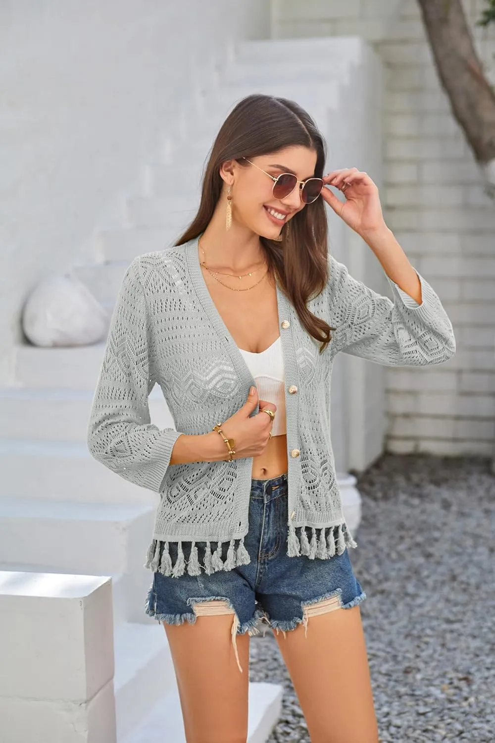 GRACE KARIN Women's 3/4 Sleeve V-Neck Boho Hollowed Out Crochet Knit Shrug Lightweight Cardigan Sweater with Tassels