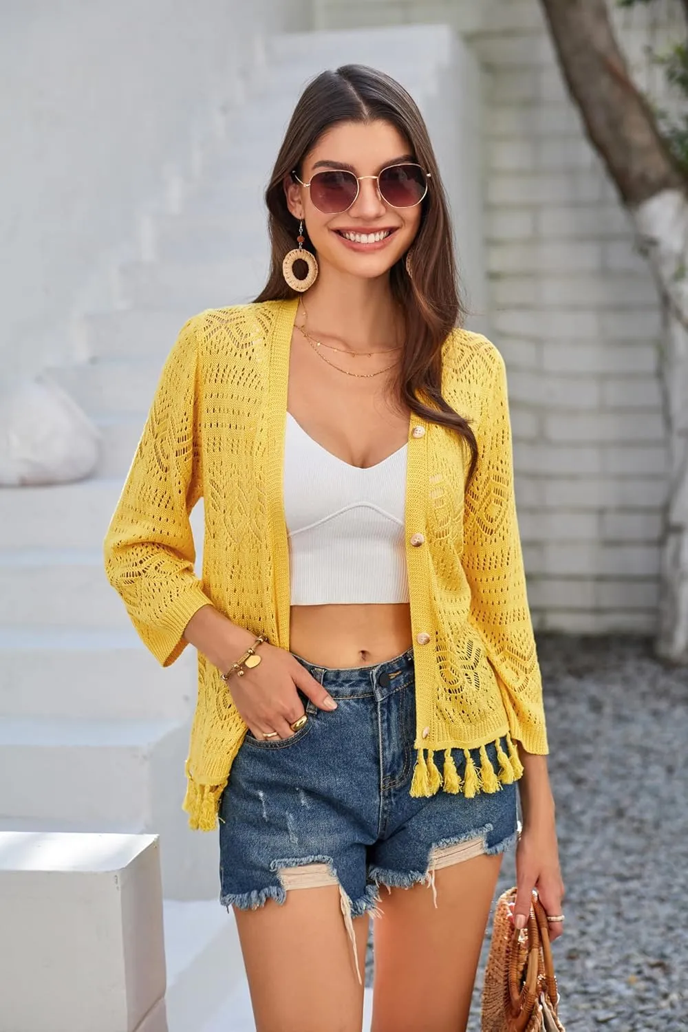 GRACE KARIN Women's 3/4 Sleeve V-Neck Boho Hollowed Out Crochet Knit Shrug Lightweight Cardigan Sweater with Tassels
