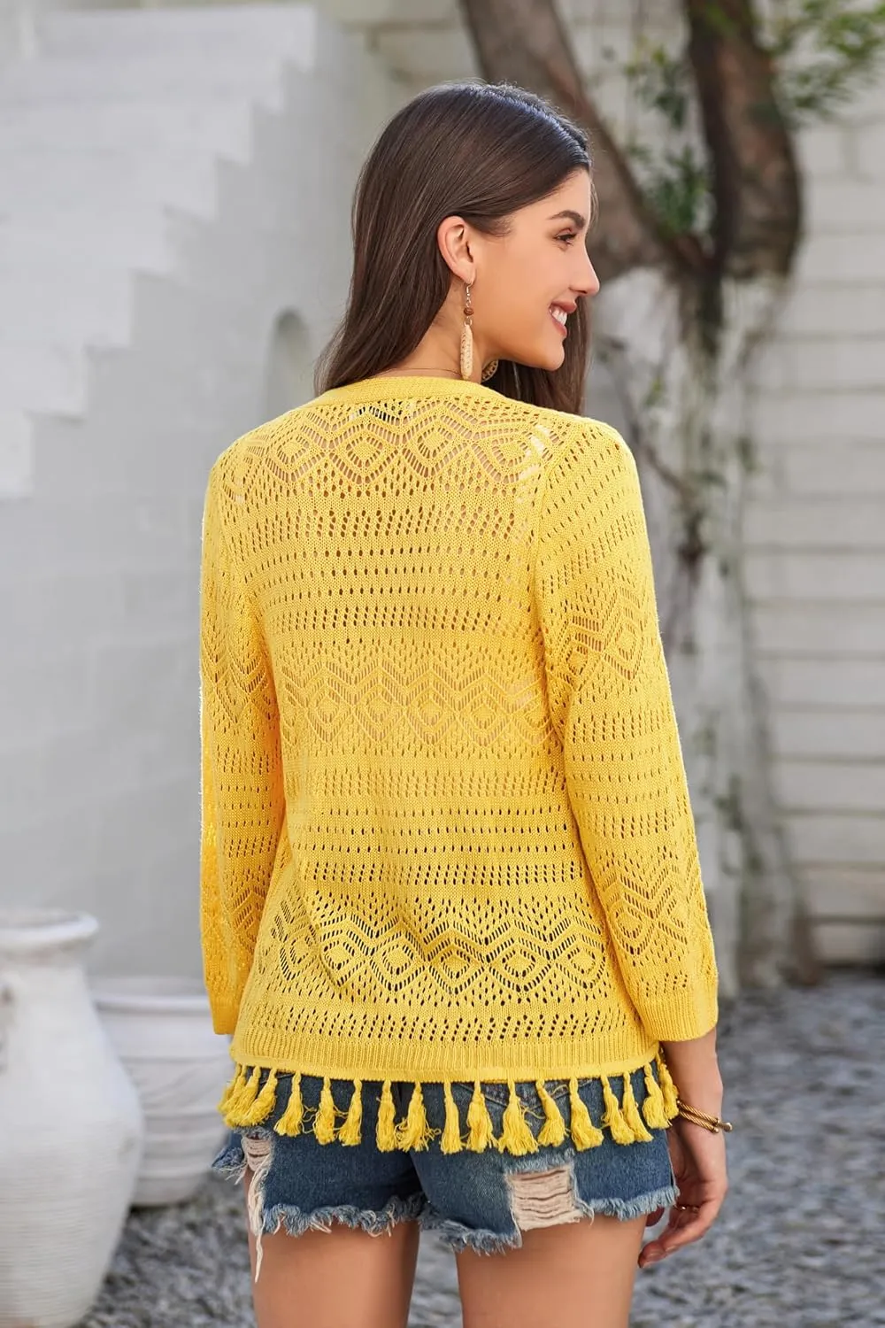 GRACE KARIN Women's 3/4 Sleeve V-Neck Boho Hollowed Out Crochet Knit Shrug Lightweight Cardigan Sweater with Tassels