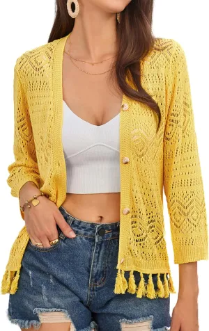 GRACE KARIN Women's 3/4 Sleeve V-Neck Boho Hollowed Out Crochet Knit Shrug Lightweight Cardigan Sweater with Tassels