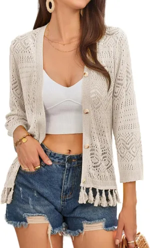 GRACE KARIN Women's 3/4 Sleeve V-Neck Boho Hollowed Out Crochet Knit Shrug Lightweight Cardigan Sweater with Tassels