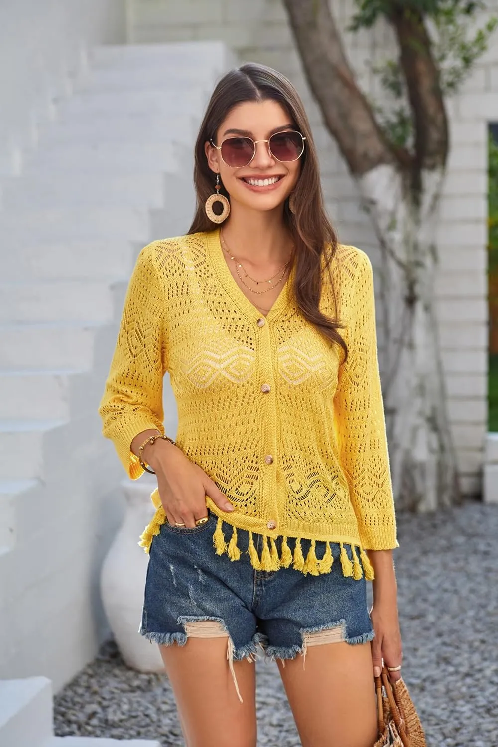 GRACE KARIN Women's 3/4 Sleeve V-Neck Boho Hollowed Out Crochet Knit Shrug Lightweight Cardigan Sweater with Tassels