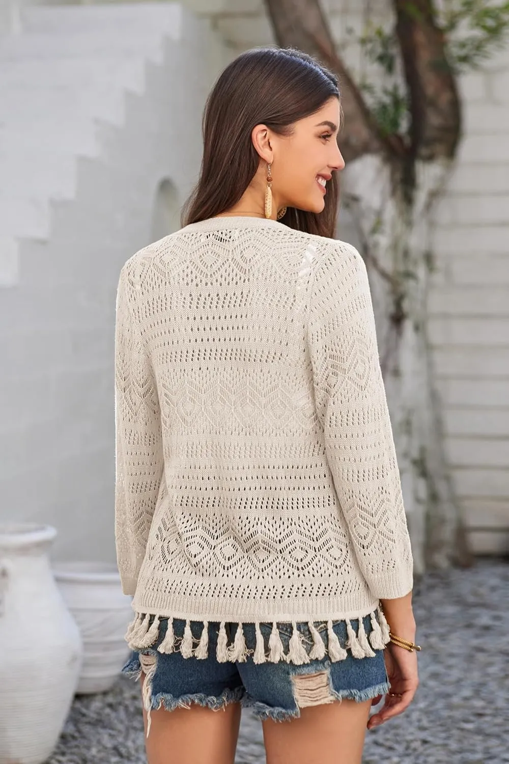 GRACE KARIN Women's 3/4 Sleeve V-Neck Boho Hollowed Out Crochet Knit Shrug Lightweight Cardigan Sweater with Tassels