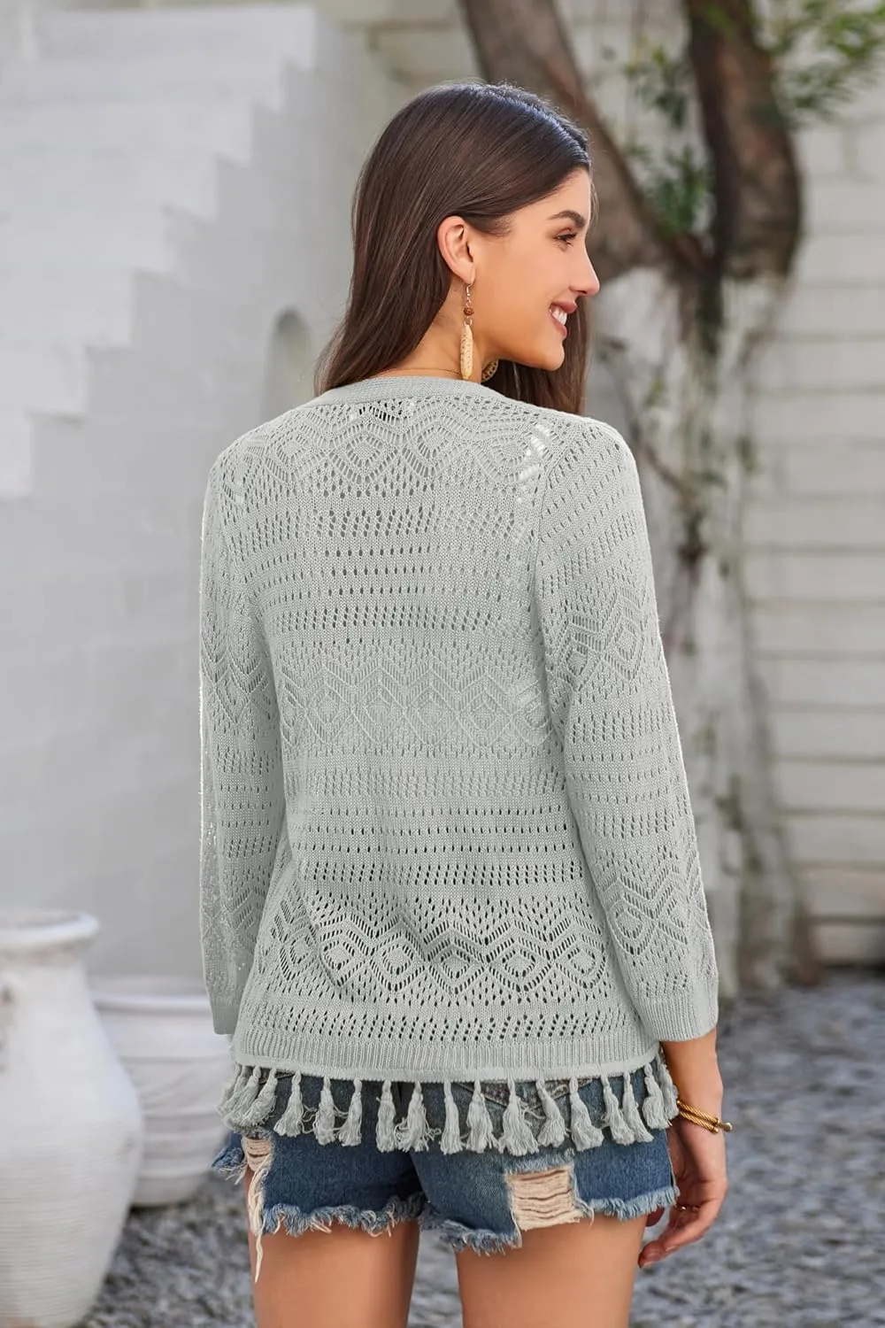 GRACE KARIN Women's 3/4 Sleeve V-Neck Boho Hollowed Out Crochet Knit Shrug Lightweight Cardigan Sweater with Tassels