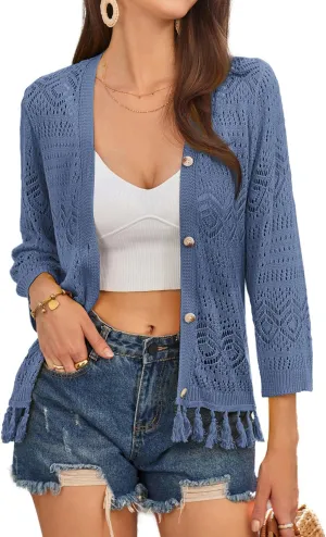 GRACE KARIN Women's 3/4 Sleeve V-Neck Boho Hollowed Out Crochet Knit Shrug Lightweight Cardigan Sweater with Tassels