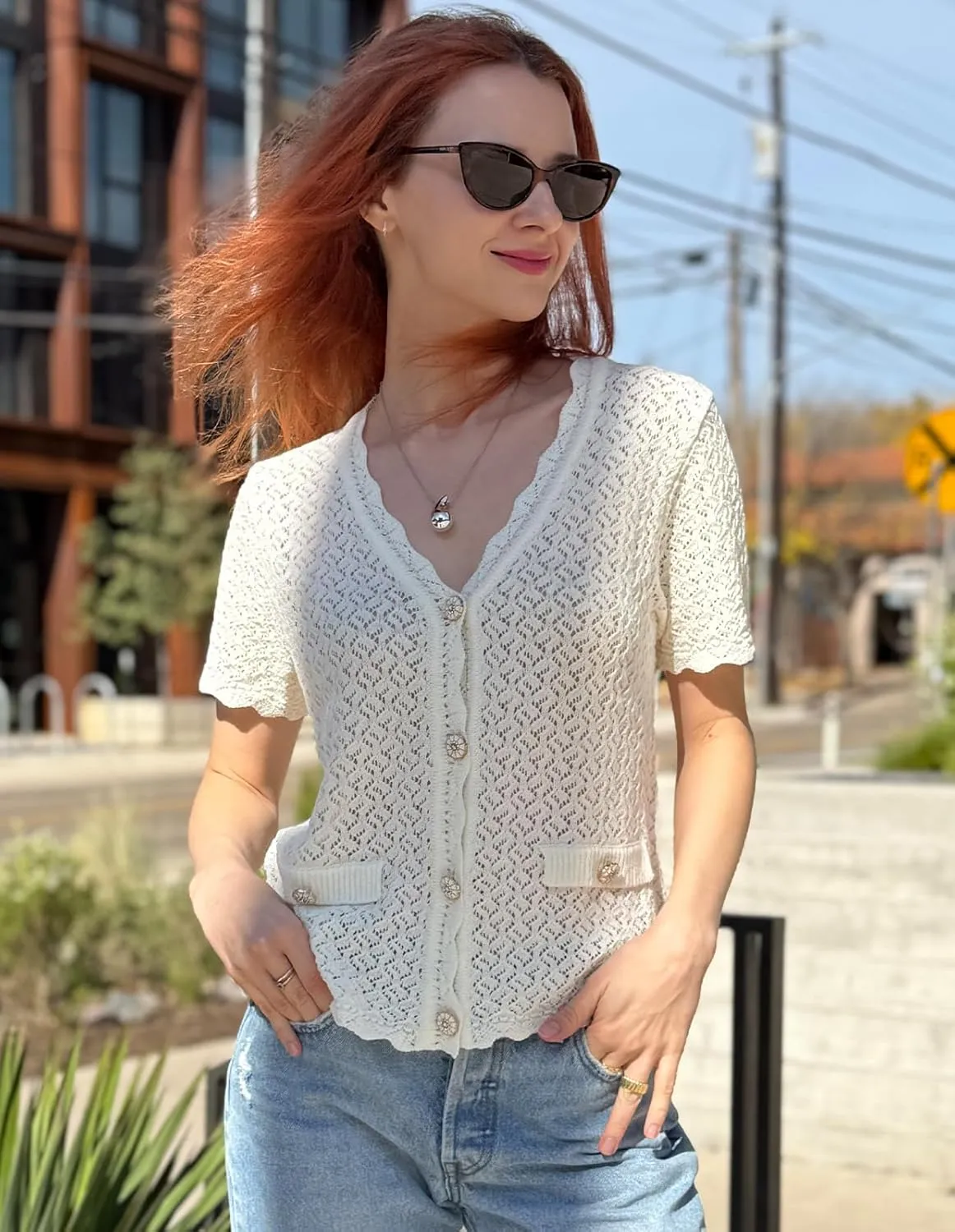 GRACE KARIN Womens Cardigan Summer 2025 Cropped Lightweight Short Sleeve Hollowed-Out Bolero Shrug Knit Sweaters