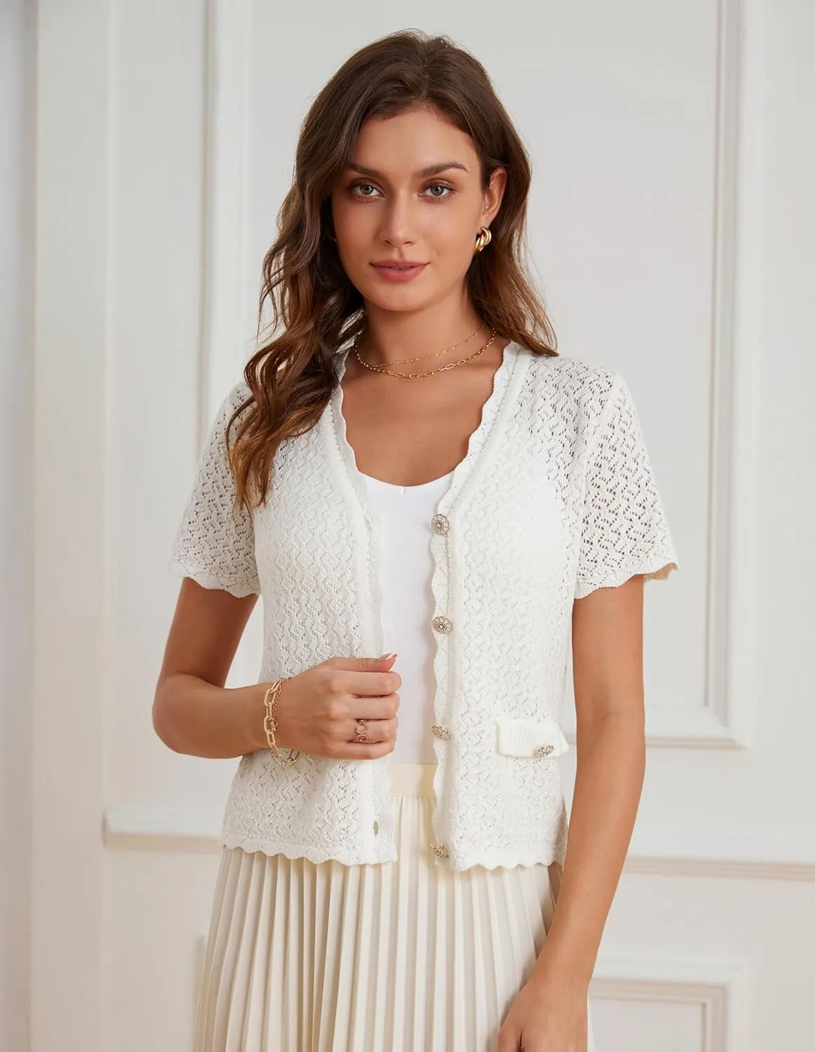 GRACE KARIN Womens Cardigan Summer 2025 Cropped Lightweight Short Sleeve Hollowed-Out Bolero Shrug Knit Sweaters