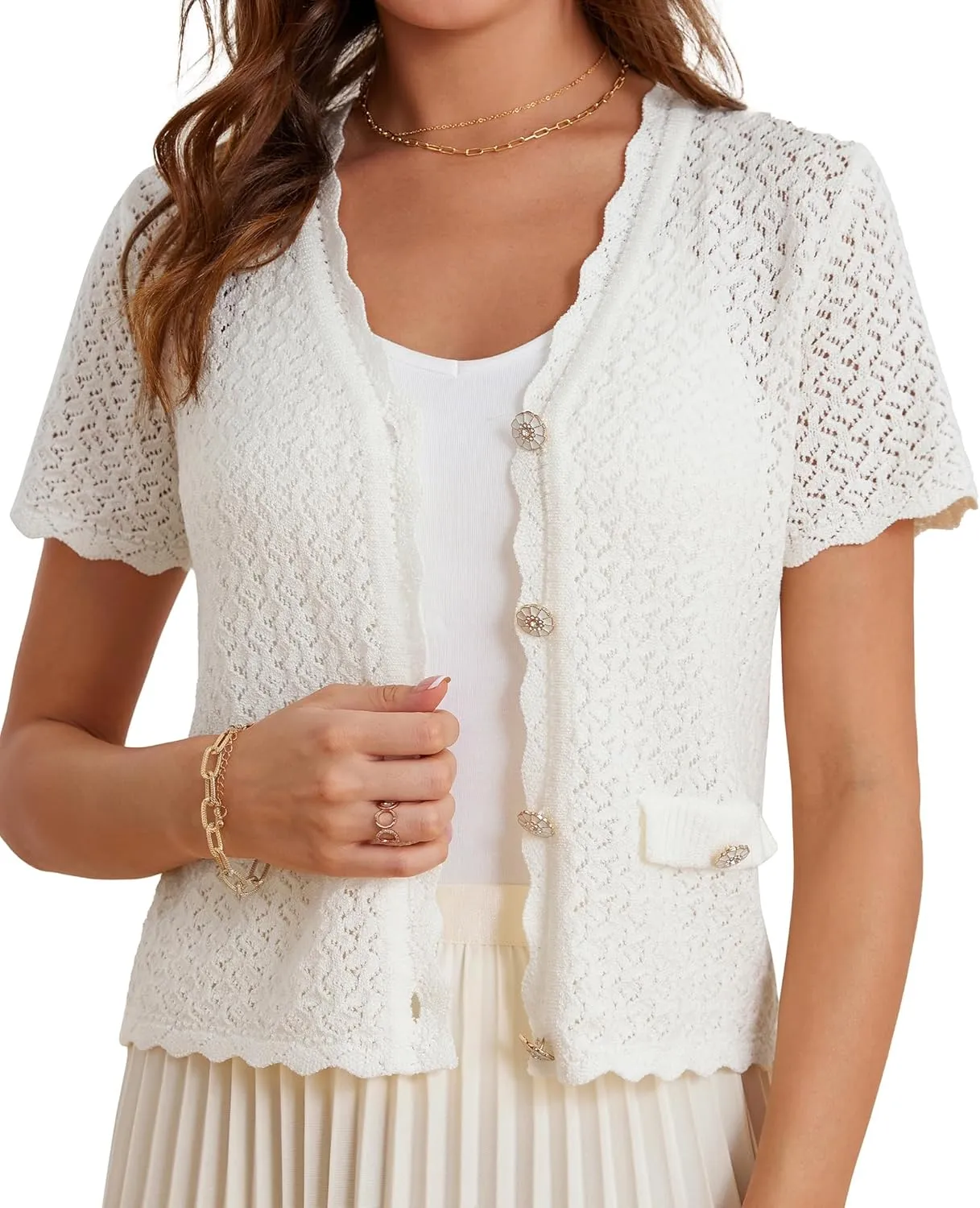GRACE KARIN Womens Cardigan Summer 2025 Cropped Lightweight Short Sleeve Hollowed-Out Bolero Shrug Knit Sweaters