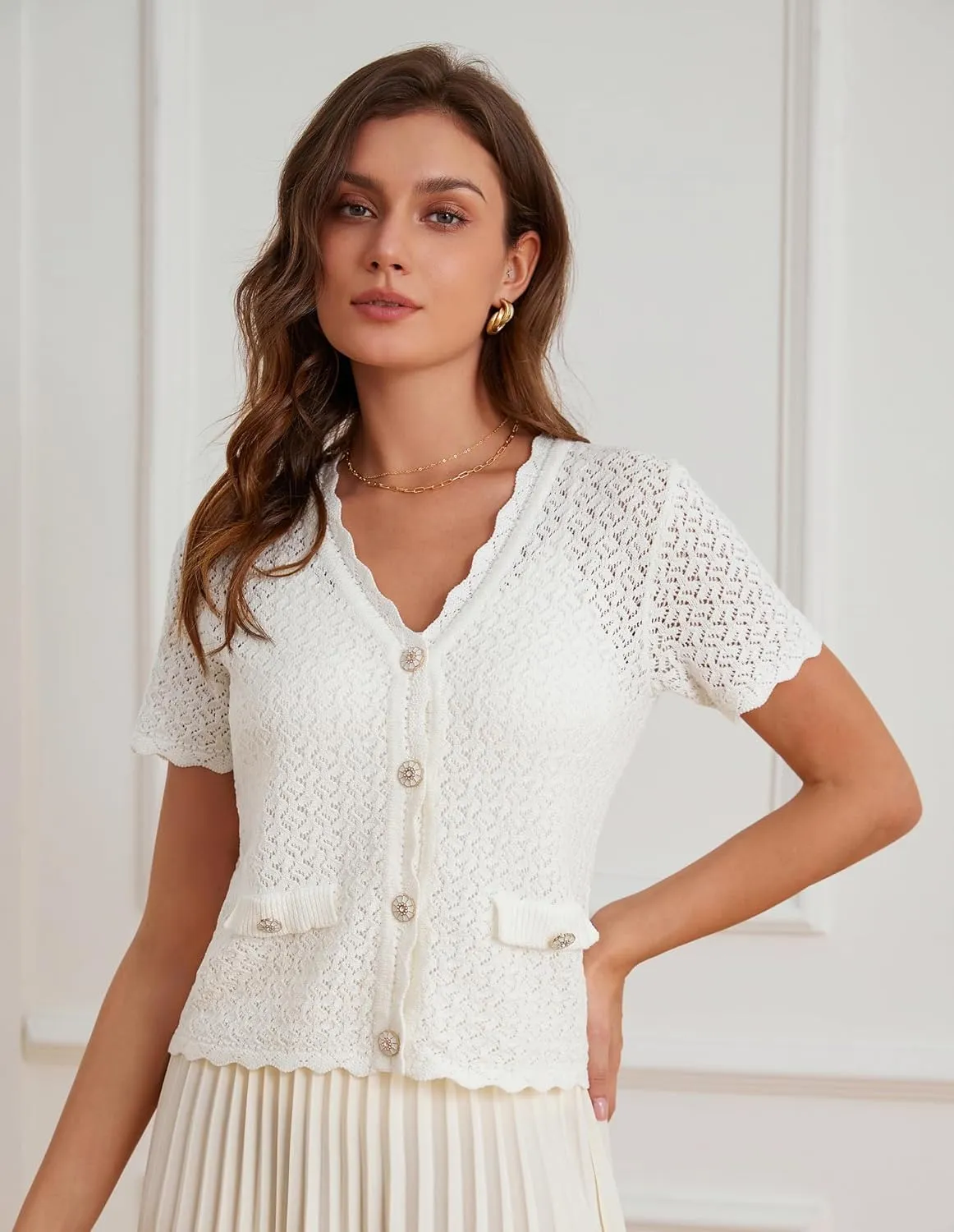 GRACE KARIN Womens Cardigan Summer 2025 Cropped Lightweight Short Sleeve Hollowed-Out Bolero Shrug Knit Sweaters