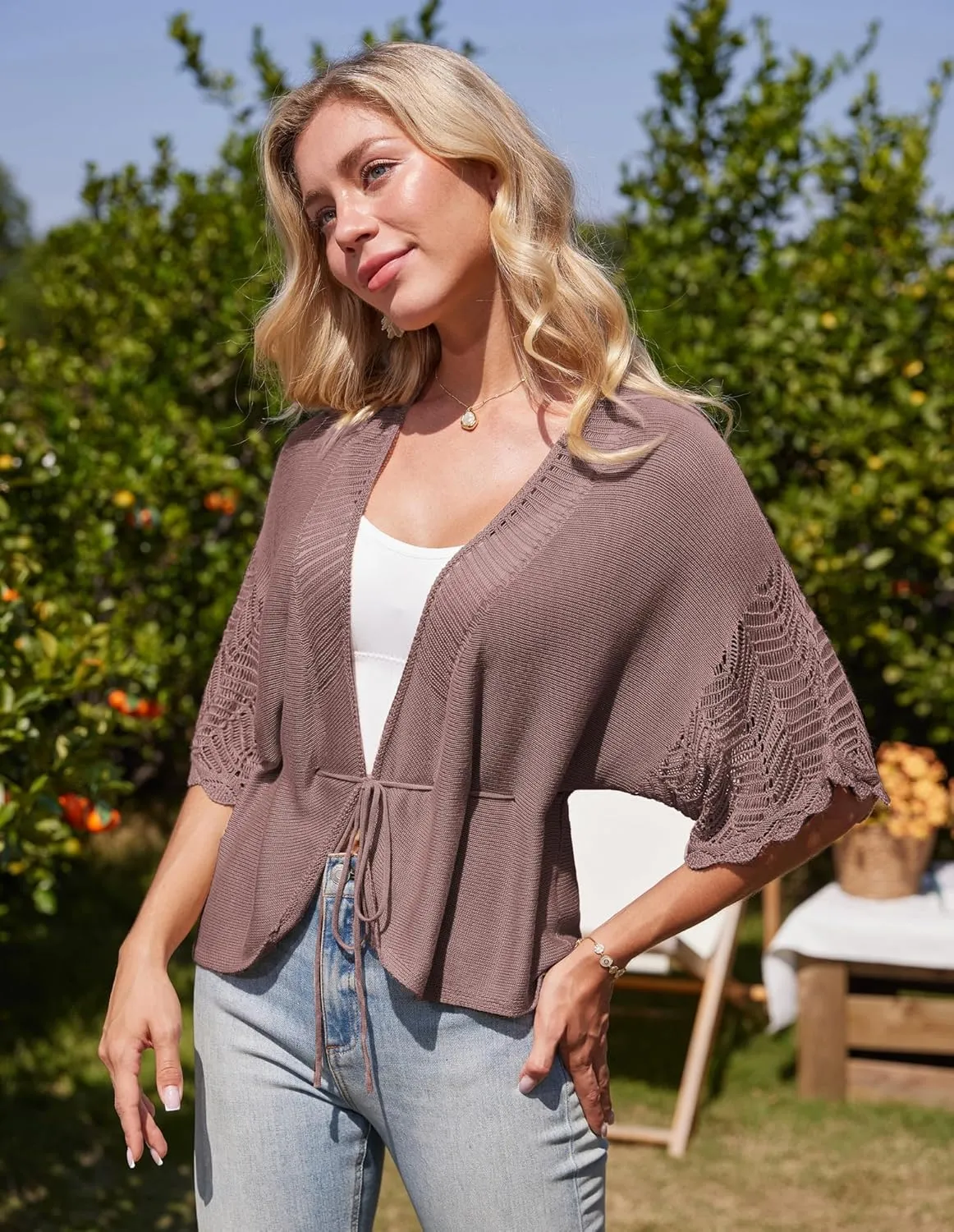 GRACE KARIN Women's Short Sleeve Crochet Open Front Cropped Cardigan Sweaters for Women 2025