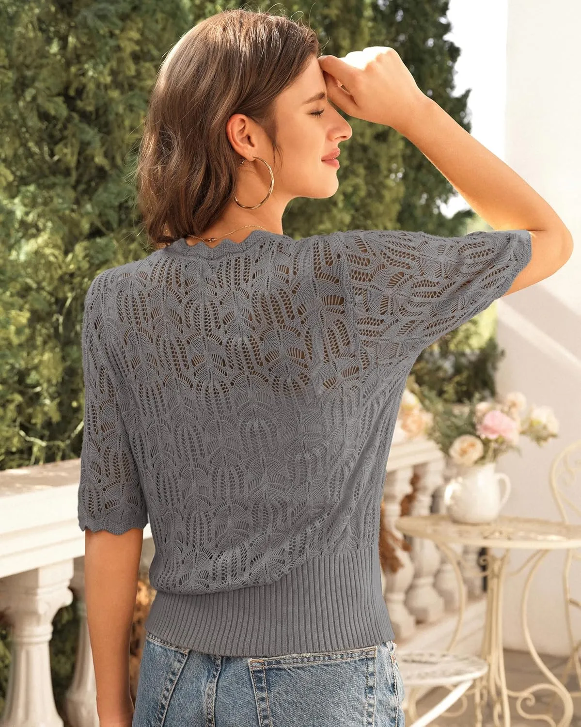 GRACE KARIN Womens Summer Short Sleeve Lightweight Cardigan V Neck Hollow Out Sweater 2025 Trendy Button Down Knit Tops