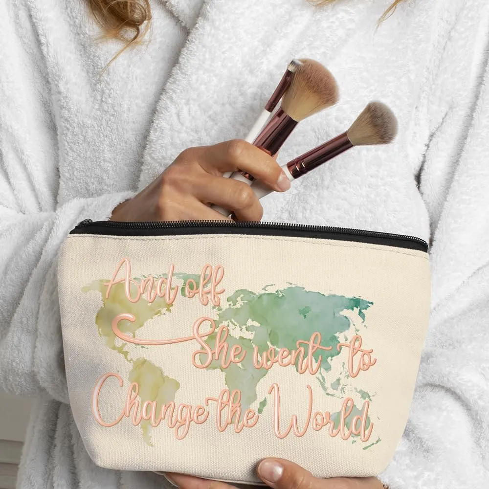 Graduation Gifts for Her Makeup Bag Travel Cosmetic Bag And Off She Went to Change the World Graduation Gift for Daughter Granddaughter Farewell gifts for Coworkers Friends03