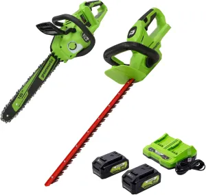 Greenworks 48V (2 x 24V) 16" Brushless Chainsaw, (2) 4.0Ah USB Batteries (USB Hub) and Dual Port Rapid Charger Included with Hedge Trimmer