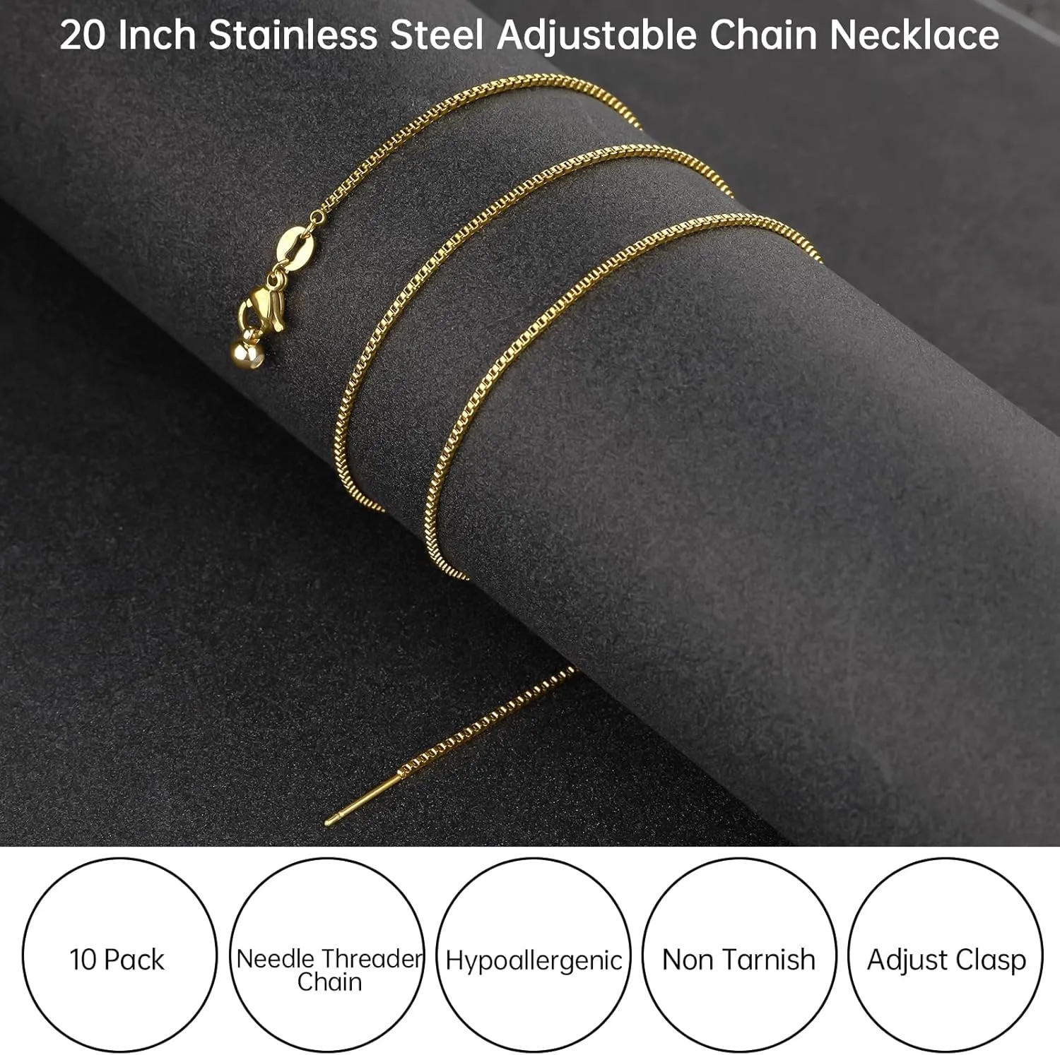 GTVOODX 10Pcs Gold Box Adjustable Necklace Chains Bulk for Jewelry Making 20Inch Stainless Steel Needle Threader Chain with Adjust Clasp