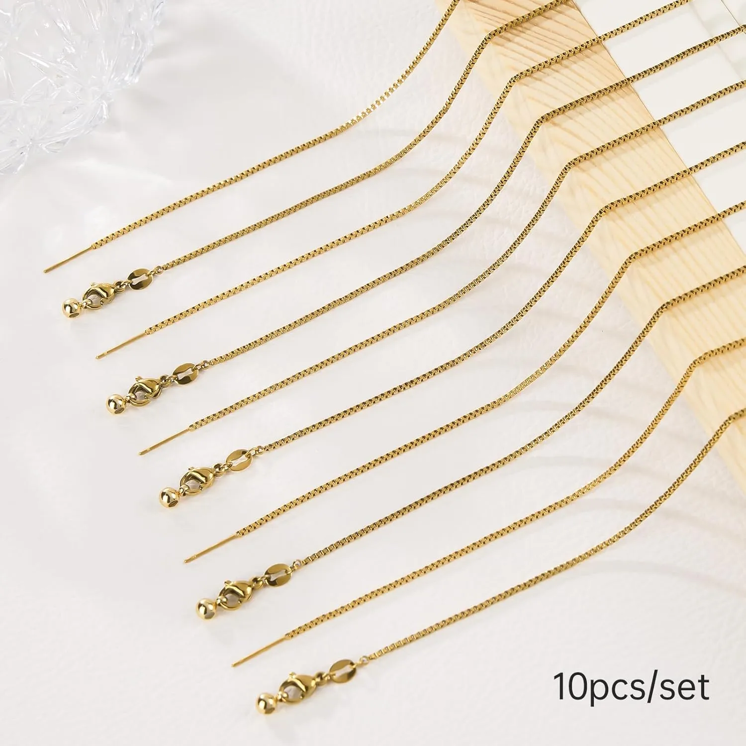 GTVOODX 10Pcs Gold Box Adjustable Necklace Chains Bulk for Jewelry Making 20Inch Stainless Steel Needle Threader Chain with Adjust Clasp