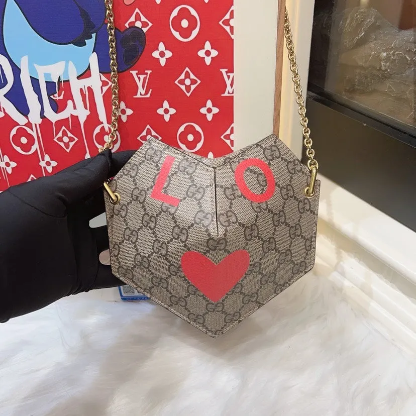 Gucci GG Heart Chain Crossbody Bag Beige Monogram Canvas